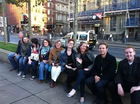 20110828-112209.jpg Phil Kirby, Abby Dix Mason, Katie Bolton, Alexandra Boyle, Lynn Hill, Elly Snare, Lucy Meredith. Robert Snare and Mark O'Brien gather in a continental school trip kind of way before embarking on their secret surprise event