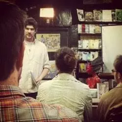 Zak Sally talking at Quimby's. Eisner Award Nominee Sally also played bass for the Dirty Three. Zak Sally talking at Quimby's. Eisner Award Nominee Sally also played bass for the Dirty Three.