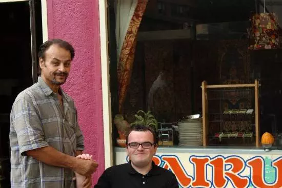Damon with Rushdi the owner outside Fairuiz