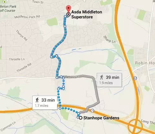 Stanhope Gardens to Asda  Holme Well Road