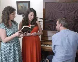 The Unthanks Sing Emily Bronte. From left:, Becky and Rachel with Adrian. Courtesy of The Unthanks.
