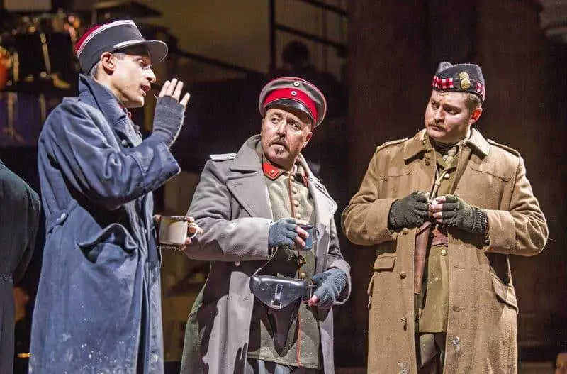 Quirijn de Lang as Lieutenant Audebert, Richard Burkhard as Lieutenant Horstmayer and Timothy Nelson as Lieutenant Gordon in Opera North’s production of Silent Night by Kevin Puts [Photo credit: Tristram Kenton]