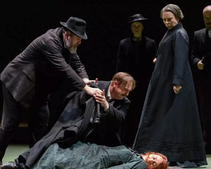 Stephen Richardson as Dikoy, Andrew Kennedy as Tichon, Stephanie Corley as Katya and Heather
Shipp as Kabanicha in in Opera North’s Katya Kabanova (Photo credit: Jane Hobson)