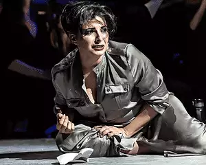 Opera North’s concert staging of Verdi’s Aida, Spring 2019 Alessandra Volpe as Amneris Conductor Sir Richard Armstrong, Director Annabel Arden, Designs and Video Direction Joanna Parker, Video Design Dick Straker, Lighting Designer Richard Moore Photo credit: Clive Barda