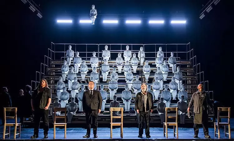 Nicky Spence as Manolios, Rhodri Prys Jones as Michelis, Paul Nilon as Yannakos and Richard Mosley-Evans as Kostandis, The Greek Passion © Tristram Kenton